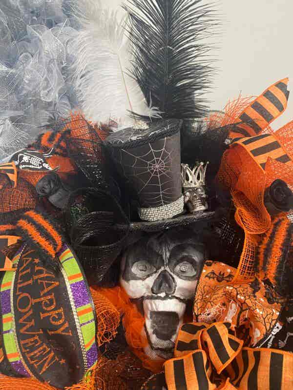 Bespoke Mr Skull Top Hat Meets Orange & Black Decorative Wreath - Image 11
