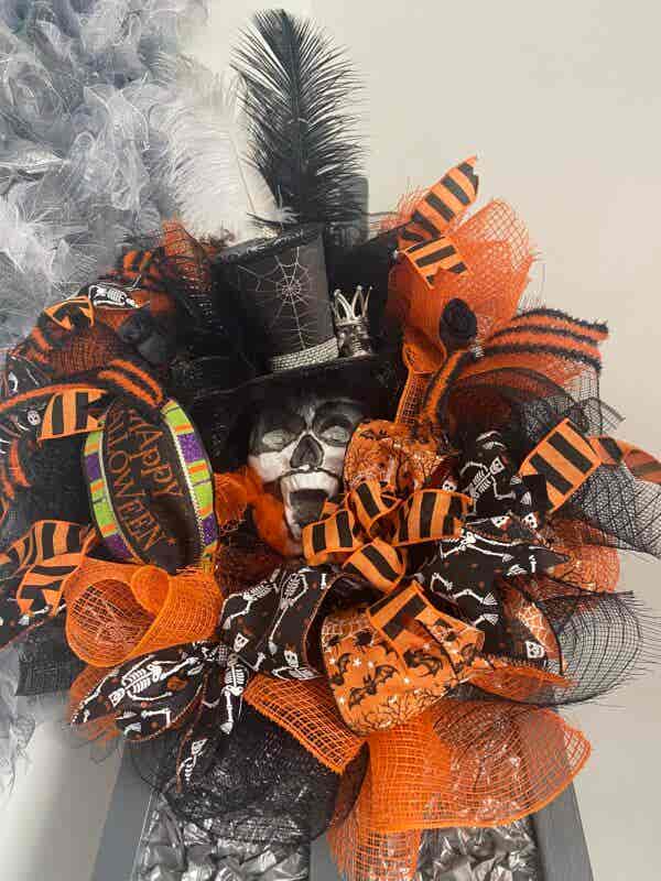 Bespoke Mr Skull Top Hat Meets Orange & Black Decorative Wreath - Image 8