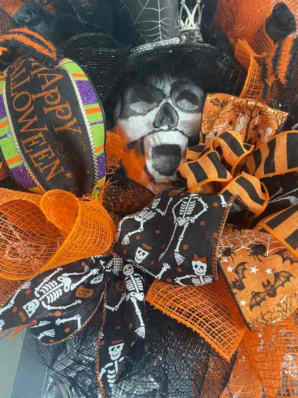 Bespoke Mr Skull Top Hat Meets Orange & Black Decorative Wreath - Image 3