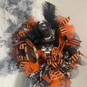 Bespoke Mr Skull Top Hat Meets Orange & Black Decorative Wreath