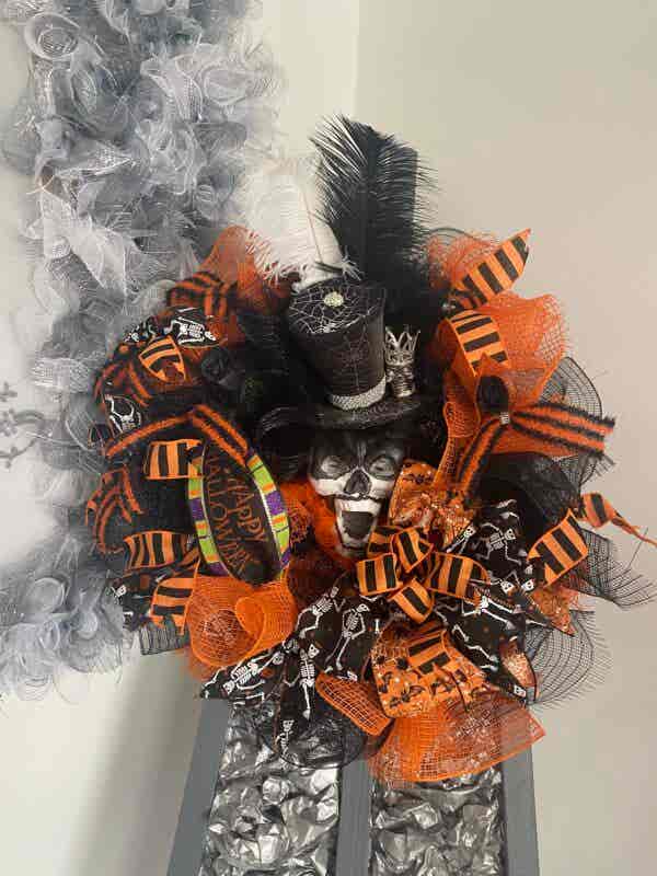Bespoke Mr Skull Top Hat Meets Orange & Black Decorative Wreath