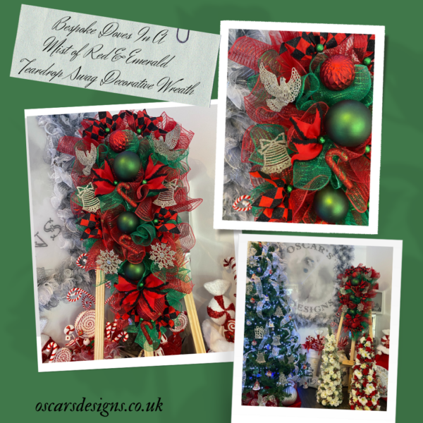Bespoke Doves In A Mist Of Red Emerald Teardrop Swag Decorative Wreath - Image 6
